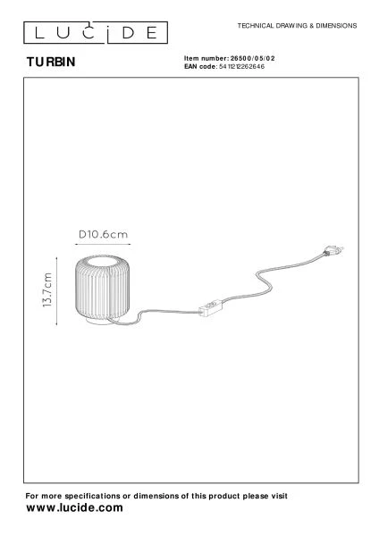 Lucide TURBIN - Lampe de table - Ø 10,6 cm - LED - 1x5W 3000K - Or Mat / Laiton - TECHNISCH